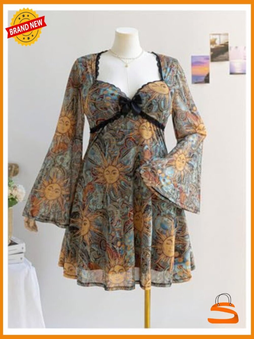 Boho Leopard Print Long Sleeve V Neck Bow Mesh Mini Dress - Picture 3 of 6
